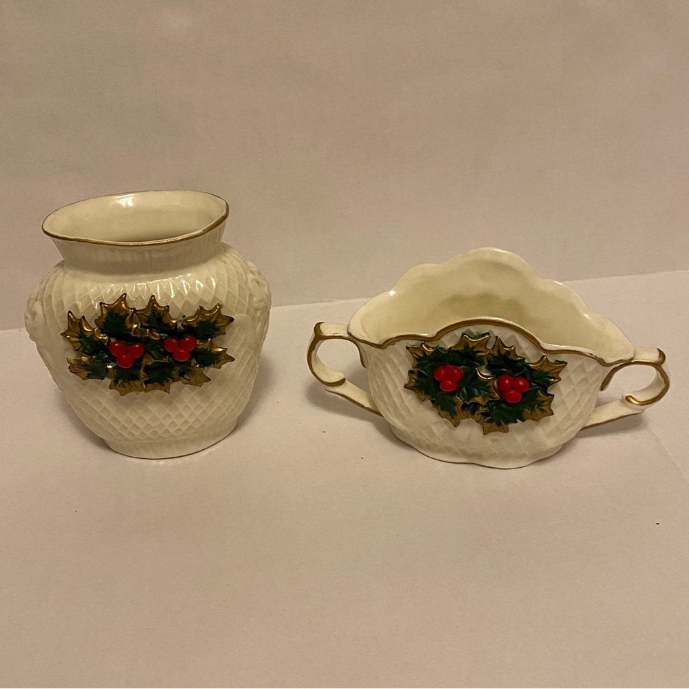 Set of Two White Ceramic Christmas Vase Set with Holly Design- In Original Boxes